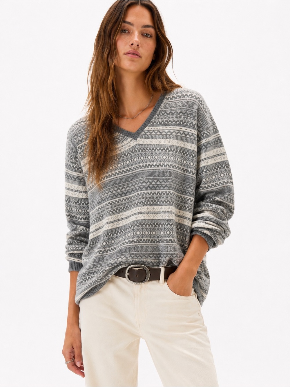Charter Club Grey and Cream Fair Isle V-Neck Sweater 100% cashmere